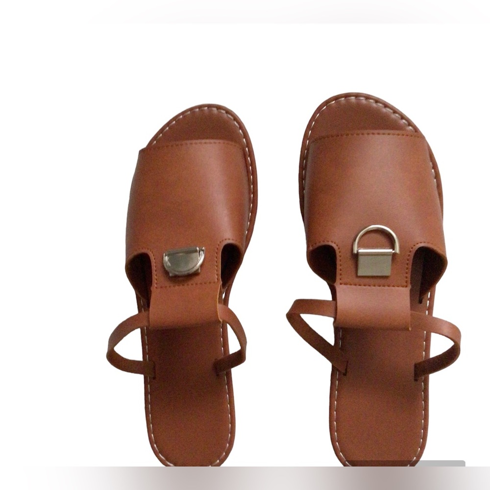 Women Metal Decor Brown PU Leather Open Toe Sandals